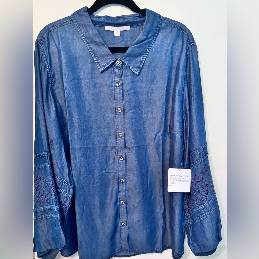 Women's 3X Blue Button Down Shirt with eyelet sleeves